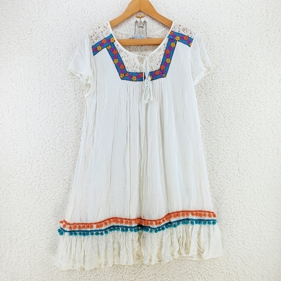 J Gee Dress sz S Boho Ivory Floral Striped Embroidered Flowy Midi Knit Festival - Picture 1 of 15
